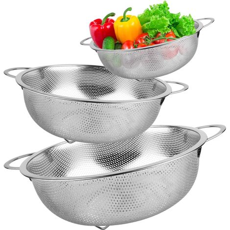 3pcs Passoire Cuisine, Passoire Inox Avec Poignées, Passoires à Pâtes en Acier Tamis Micro Perforée, Crépine à Mailles Fines Polie Brillante, Passoire de Cuisine en Métal Pour Pâtes, Fruits, Légumes (1/5)