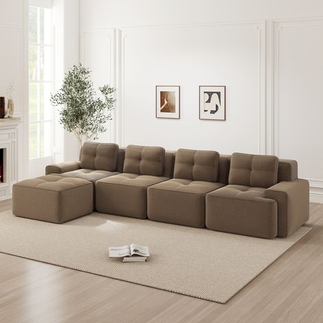Divano modulare a L 382x177x69 cm in tessuto a coste marrone, 4 posti, per soggiorni ampi – MEUBLIV (1/5)