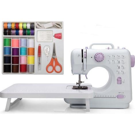Machine à coudre portable, éclairage LED, accessoires inclus, pédale, marche arrière, 12 boutons de couture intégrés, coupe-fil intégré, mini tiroir dissimulé. Blanche. (1/5)