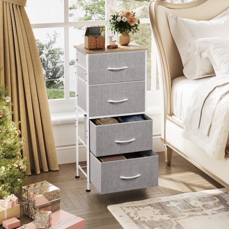 Commode à 4 tiroirs en tissu, idéale pour la chambre ou le salon, avec une structure robuste en acier et un plateau en bois, gris clair. (1/5)