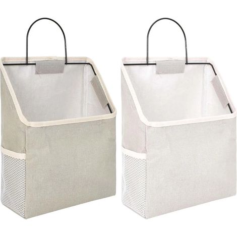 Ensemble de 2 paniers de rangement suspendus, en tissu avec structure métallique, gris et blanc, en lin, avec crochets, idéal pour l'entrée, la penderie, le dressing, la salle de bain ou une porte. (1/5)