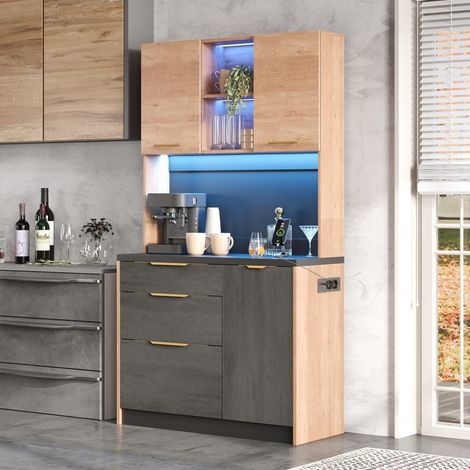 Credenza da cucina alta 100x40x180 cm - Design industriale effetto cemento e legno con illuminazione a LED e prese integrate - Grigio e naturale (1/5)