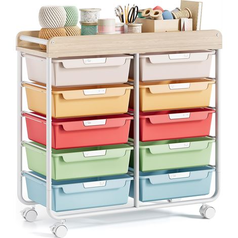 Meuble à roulettes en plastique avec 10 tiroirs, Couleur Chariot à roulettes avec espace de rangement polyvalent, chariot de rangement avec roues et poignées pour atelier, bureau (1/2)