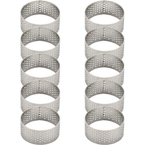 10 cercles à tarte ronds en acier inoxydable perforés et sans soudure de 4,5 cm, pour quiches et tartelettes. (1/4)