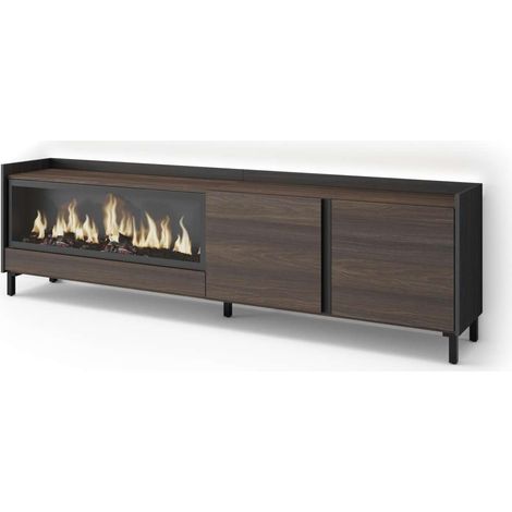 Mueble TV Torrox-01 de 212x61x35 cm con chimenea eléctrica y luces LED, diseño industrial, color roble oscuro y negro (1/4)