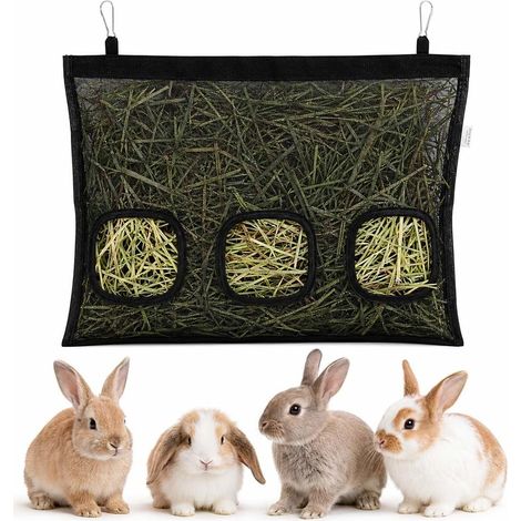 Bag for Rabbit, Automatic Hay Dispenser, Ratelier Hanging Bag with 3 Windows for Small Animals, Black (1/5)