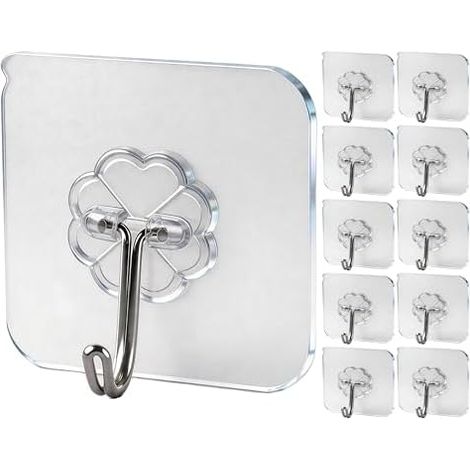 Crochets Adhésifs Transparents sans Percer - Résistants 15kg Max, Étanches Eau/Huile Salle de Bain & Cuisine Pour Serviette, Manteau, Clés Multifonction 10 Pièces (1/5)