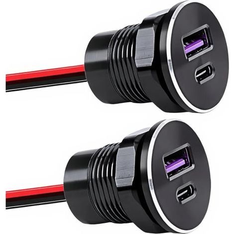 Prise USB 12V Voiture, Prise Double USB, Chargeur Allume-Cigare USB-C PD3.0 30W & QC3.0 18W en Aluminium pour Camping-Car, Bateau, Camion, – Conception Encastrable 22mm (Lot de 2) (1/5)