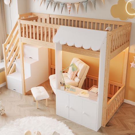 Cama alta de madera de 90×200 cm, con armario empotrado, escalera con almacenamiento, tira de luces LED multicolor, diseño de alero, somier de láminas, cama individual, color madera. (1/5)