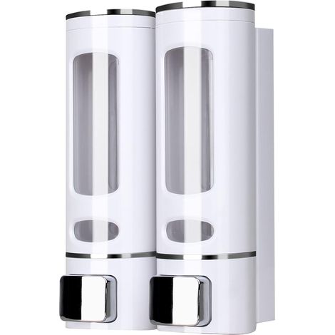 BEBUSINGOTO Distributeur de Savon Manuel Mural en ABS pour Shampoing ou Gel Nettoyant pour Les Mains 2X 400ml, Blanc (1/5)