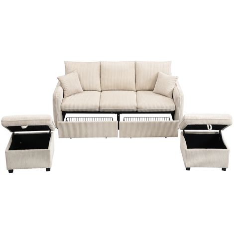 Canapé angle U velours côtelé beige, modulable rangement tiroirs et pouf
