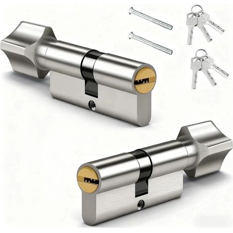 Set mit 2 Zylinderschlössern 30/30 (70 mm), Zylinder mit Drehknopf für Einsteckschlösser, inklusive 6 Schlüsseln und Schrauben für Haustür und Garage, silberfarben (1/5)