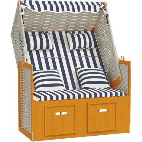 Strandkorb avec coussins résine tressée bois solide blanc bleu (1/5)