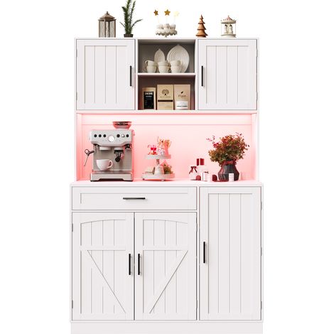 Aparador de Cocina Alto con 5 Puertas, LED y Regleta con USB, en MDF, 110 x 38 x 180 cm, Blanco (1/5)