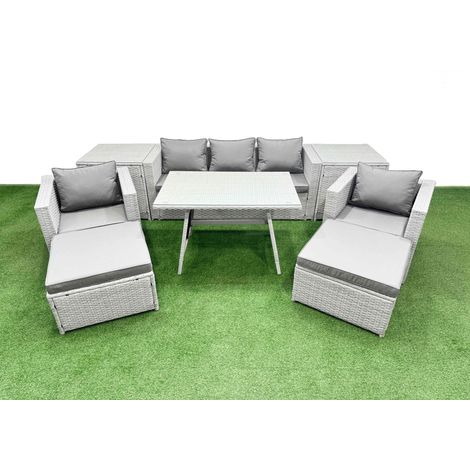 Fimous 9 Pieces Outdoor PE Rattan Sofa Armchair Set Patio Garden Furniture Sets with Cushions 2 Side Tables 2 Big Stools Light Grey (1/4)