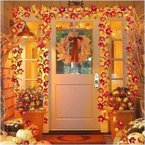 Lot de 2 guirlandes lumineuses d'automne à feuilles d'érable multicolores, 6,096 m / 40 LED, alimentation à piles. Déco intérieur/extérieur : maison, porche, table, mariage, Thanksgiving, Noël. (1/5)