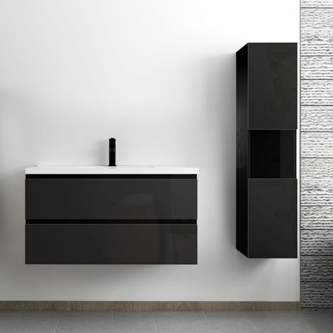 Ocean ensemble meuble salle de bain 100 cm noir brillant avec 2 tiroirs à fermeture automatique, lavabo céramique simple + colonne haute, suspendu