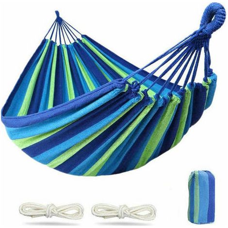Hamac Brésilien Double 2 Personnes Hamac en Coton Extra Large 200 x 150 cm, Capacité de Charge 300 kg Portable pour Jardin Jardin Intéri et Extéri (Bleu) (1/3)
