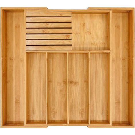 Organiseur de tiroir en bambou pour cuisine, porte-ustensiles extensible et plateau à couverts avec séparateur, rangement pour couverts et bloc à couteaux amovible (1/5)