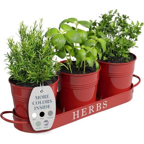 Set of 3 Indoor Planters with Tray, Metal Window Sill Flower Pots with Drainage for Indoor or Outdoor Plants (Brick Red) (1/5)