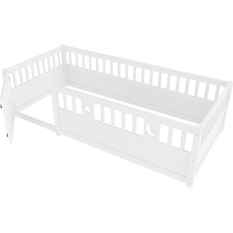 Lit enfant 90 x 190 cm avec barrières de sécurité en pin blanc étoiles et lune (1/5)