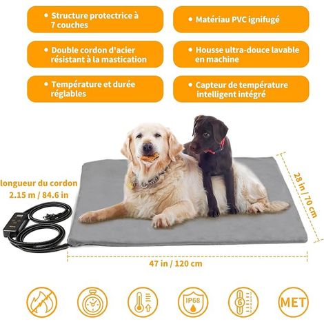 Chien Chat Tapis Chauffant 12070cm, Coussin Chauffant électrique pour Animaux avec Couverture Crystal Velvet pour Chats et Chiens, Gris-XXL (1/4)