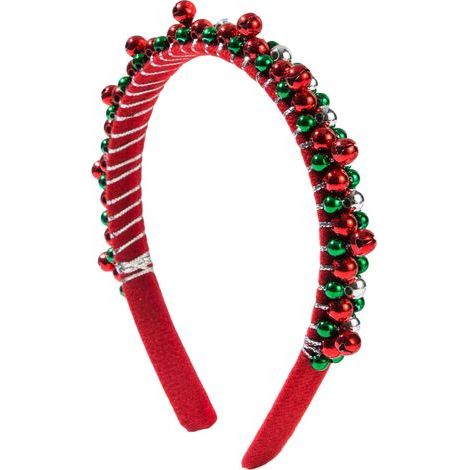 Cerchietto natalizio rosso e verde con perline a forma di campanella, ideale per abiti da festa e accessori per capelli. (1/5)