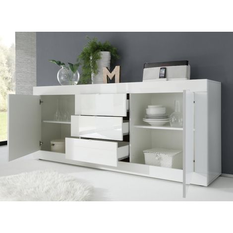 Credenza soggiorno 2 ante e 3 cassetti, Bianco laccato lucido L. 210 cm - Basic (1/3)