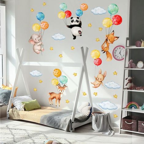 Tierische Ballon-Wandaufkleber, Babyzimmer-Sticker für Jungen, bunte Tier-Wanddekorationen, DIY Fuchs, Hase, Panda.