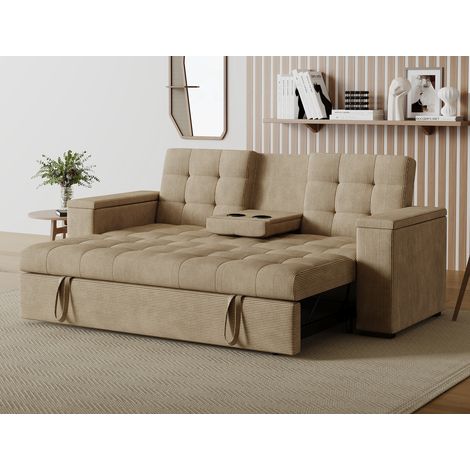 Divano trasformabile a 3 posti con ripiano centrale e braccioli rimovibili in velluto a coste beige NOHO (1/5)