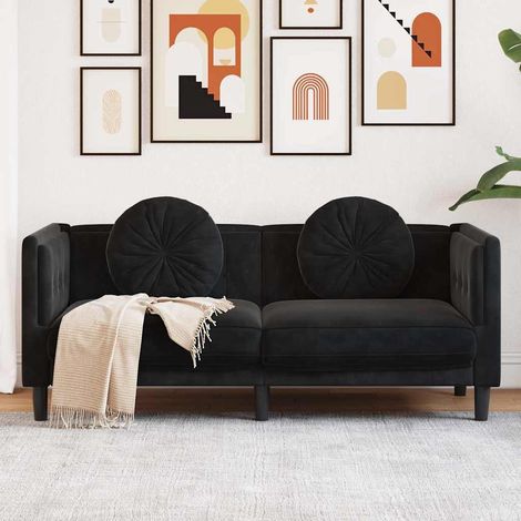 Canapé 2 places en velours noir avec 2 coussins ronds, 173,5 x 77 x 70 cm - PANGIVO (1/5)