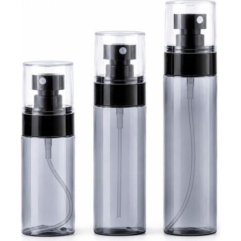 Juego de 3 mini botellas pulverizadoras reutilizables de diferentes tamaños, pequeñas botellas pulverizadoras para perfumes y productos de limpieza, color negro transparente (60, 80, 100 ml) (1/5)