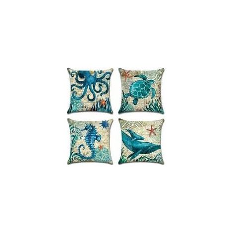 Extérieur Housse De Coussin, Lot De 4 Imperméable La Vie Marine Bleue Motif Canapé Taie D'oreiller Pour Patio Jardin Salon Chambre Décoration, 45x45cm (1/4)
