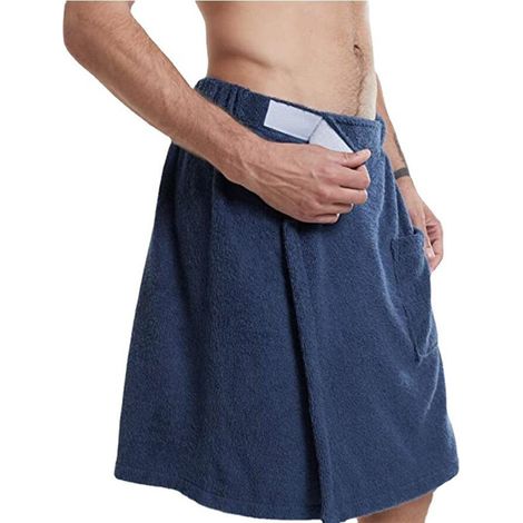 Kilt de sauna en coton pour homme - Bleu - Taille unique - Serviette de sauna avec fermeture Velcro 60 x 150 cm + Plu (1/3)