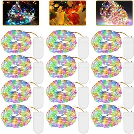 Guirlande lumineuse LED à piles, 12 guirlandes de 2 mètres de long chacune, avec 20 perles LED en fil de cuivre miniature, de couleurs variées, idéale pour les chambres, l'intérieur, Noël, l'extérieur (1/5)