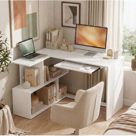 Escritorio esquinero 120 x 100 x 76 cm de madera blanco con bandeja para teclado - CHICFURN (1/5)