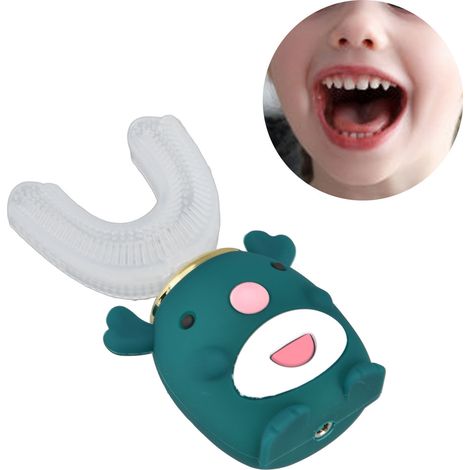 Brosse à dents électrique verte en forme de U pour enfants, style dessin animé, rechargeable, poils souples. (1/5)