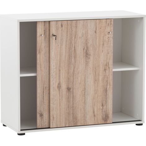 Büro Aktenschrank Schiebetüren abschließbar BRAGA-80 in weiß mit Wildeiche Nb., B/H/T: ca. 100,1/83,6/41 cm (1/5)