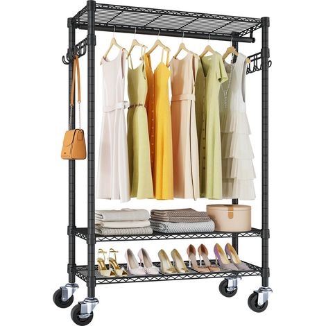 Portant à vêtements portable pour suspendre les vêtements, 3 étagères autoportantes avec roulettes, tringle de suspension, crochet latéral, étagère de placard robuste pour buanderie, (1/5)