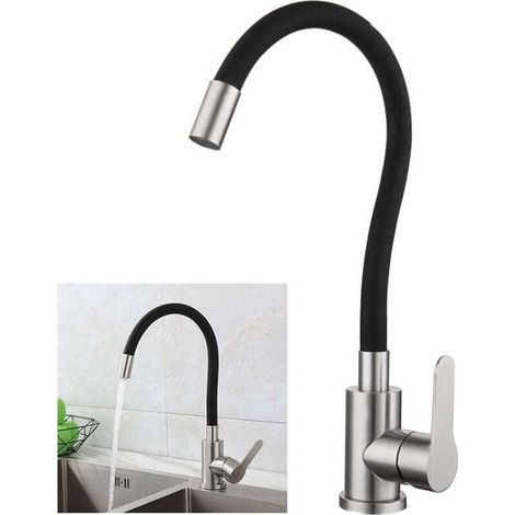 Robinet de cuisine flexible avec bec pivotant haut, mitigeur monotrou pour eau chaude et froide, acier inoxydable noir brossé (1/4)