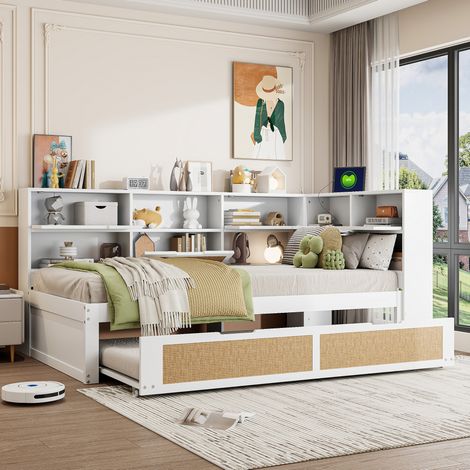 Lit banquette moderne en bois blanc 90x200 cm avec lit gigogne 90x190, tête de lit avec ports USB et rangements