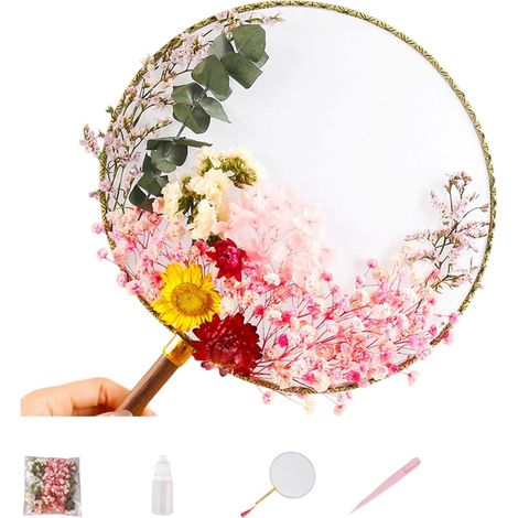 Ensemble d ' artisanat décoratif rond en éventail à main, décor de fleurs préservées pour le de la pièce, accent d ' affichage, aspect traditionnel, 24 cm, artisanat de décoration, fleurs séchées en (1/5)