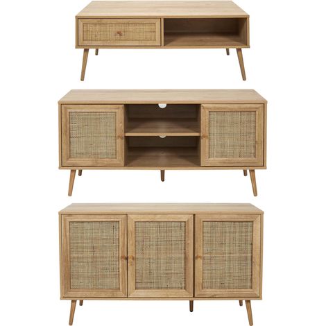The Home Deco Factory – Set buffet 3 portes et meuble TV en bois contreplaqué 2 portes – Table basse 1 tiroir en rotin – Dimensions buffet 115x39x70cm
