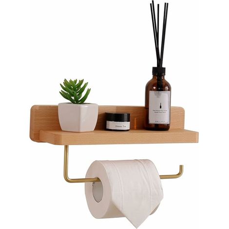 Porte Papier Toilette Double Installation Bois Massif Hêtre Dérouleur Support Papier WC Mural Auto-adhésif Coins Arrondis Porte Rouleau de Papier Décor pour la Salle de Bain Cuisine (Hêtre,)-Le long p (1/5)