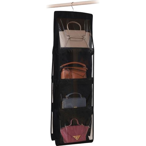Organizador de bolsos con 4 compartimentos, 8 bolsillos y gancho metálico, a prueba de polvo, para un almacenamiento óptimo en tu armario o vestidor (negro). (1/5)