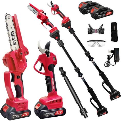 Set da giardinaggio ad alte prestazioni 4 in 1 – motosega al litio senza spazzole 21V + tagliasiepi telescopico, rotazione a 180°