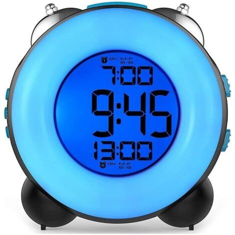 Réveil fort pour gros dormeurs – Double alarme réglable – Sonnerie de cloche métal – Fonction snooze – Affichage 12/24H – Couleur bleu