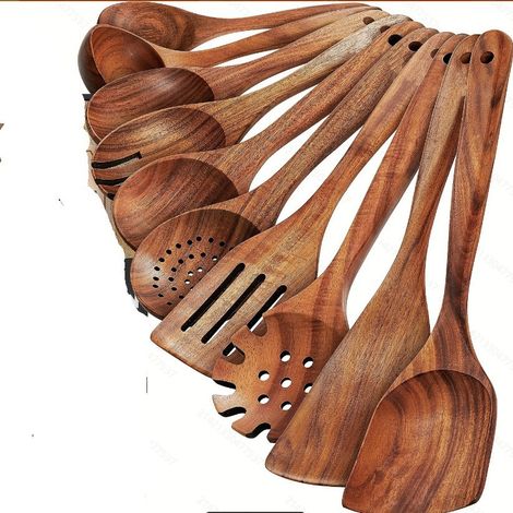 Ensemble de cuillères de cuisine en bois (10 pièces) - Ustensiles de cuisine en bois pour ustensiles de cuisine antiadhésifs - Robustes, durables, légers, portables et résistants à la chaleur. (1/4)