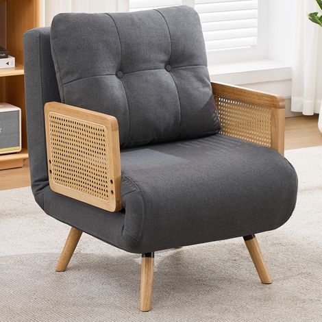 Fauteuil convertible 3-en-1 67,5 x 73 x 86,5 cm, dossier inclinable 5 positions, lin et accoudoirs rotin - gris (1/5)