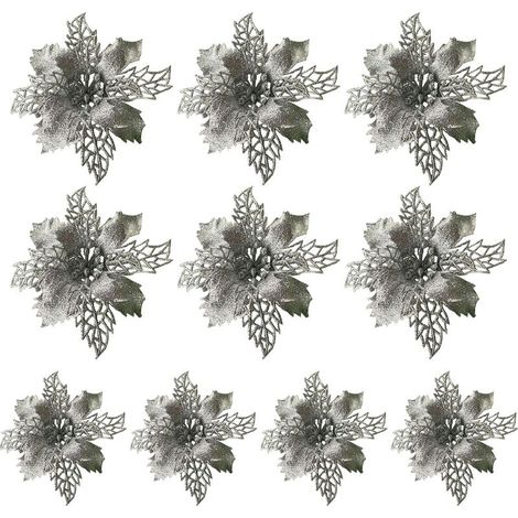 Lot de 10 décorations de Noël argentées à paillettes, en forme de feuilles de houx et de poinsettias artificiels, pour sapin (15 cm de diamètre), couronne de Noël, guirlande, cadeau floral, décoration (1/5)